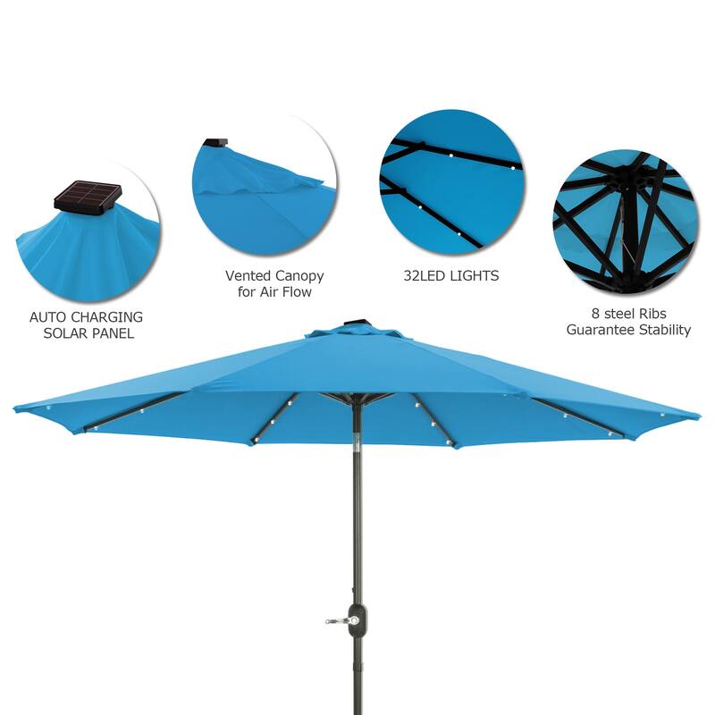 9Ft Patio Market Umbrella with 32 LED Round Solar