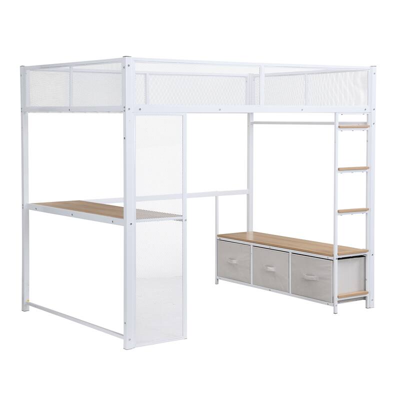Full Size Metal Loft Bed with LED, Desk, Wardrobe, and Storage Drawers, White
