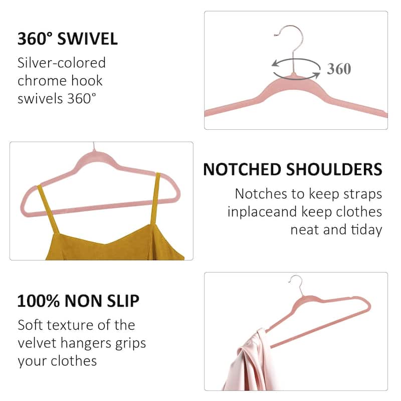 Javlergo 50/100 Pack Velvet Hangers, Heavy Duty Non Slip & Space-Saving Cloth Hangers with 6 Finger Clips & Tie Rack