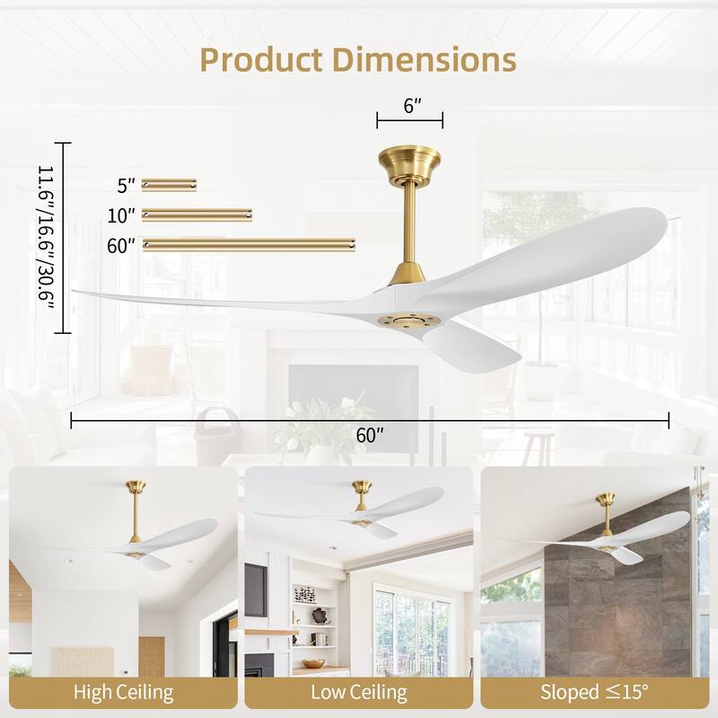 Sofucor 60 Inch Ceiling Fan No Light With Remote Control 3 Fan Blades Reversible DC Motor Timer Farmhouse