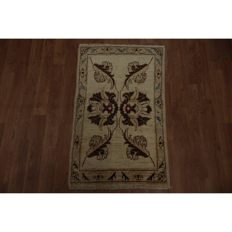 Hand Knotted Oriental 100% Wool Carpet Traditional Floral Beige & Ivories Peshawar Area Rug - 2' 11'' X 1' 10''