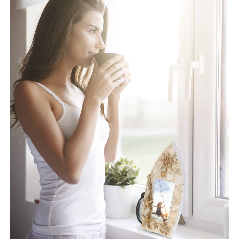 CoTa Global White Wood Seashell Oceanic Sea Turtle Boat 3.5X5 Frame - 9.4 Inches