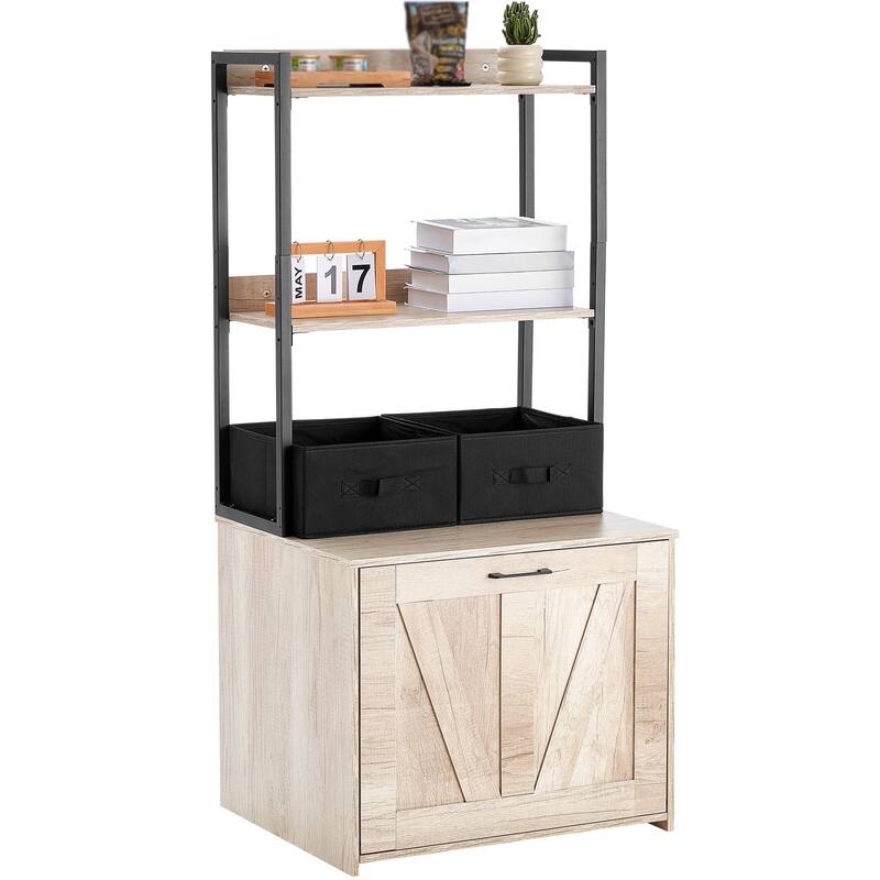 Natural MDF Hidden Cat Litter Box Enclosure Furniture with 2 Open Shelves and 2 Baskets