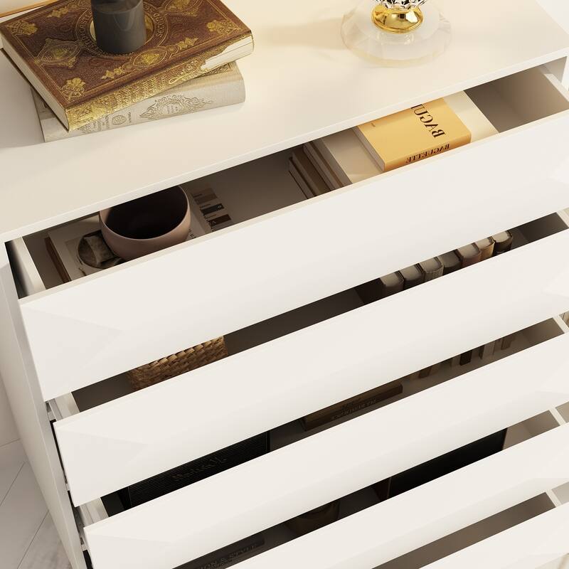 Asymmetrical Drawer Highboy - Chic White Storage Chest with Gold Legs