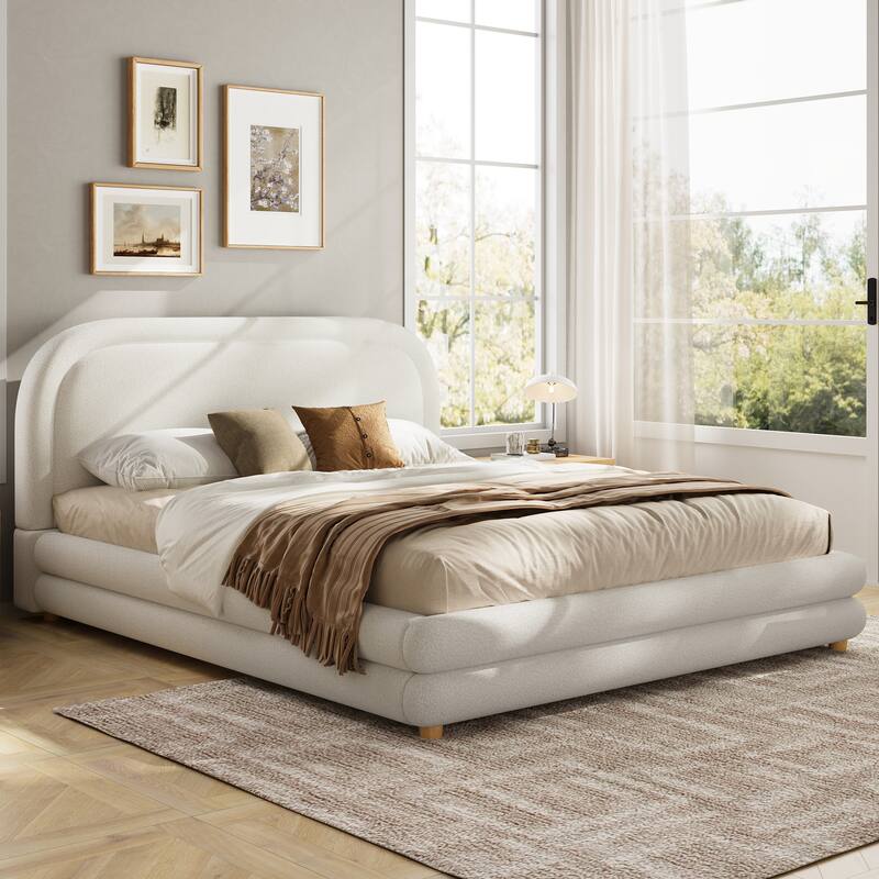 Christopher Knight Home - Camellia Modern Boucle Upholstered Bed Frame with Thick Curved Headboard and Wood Legs