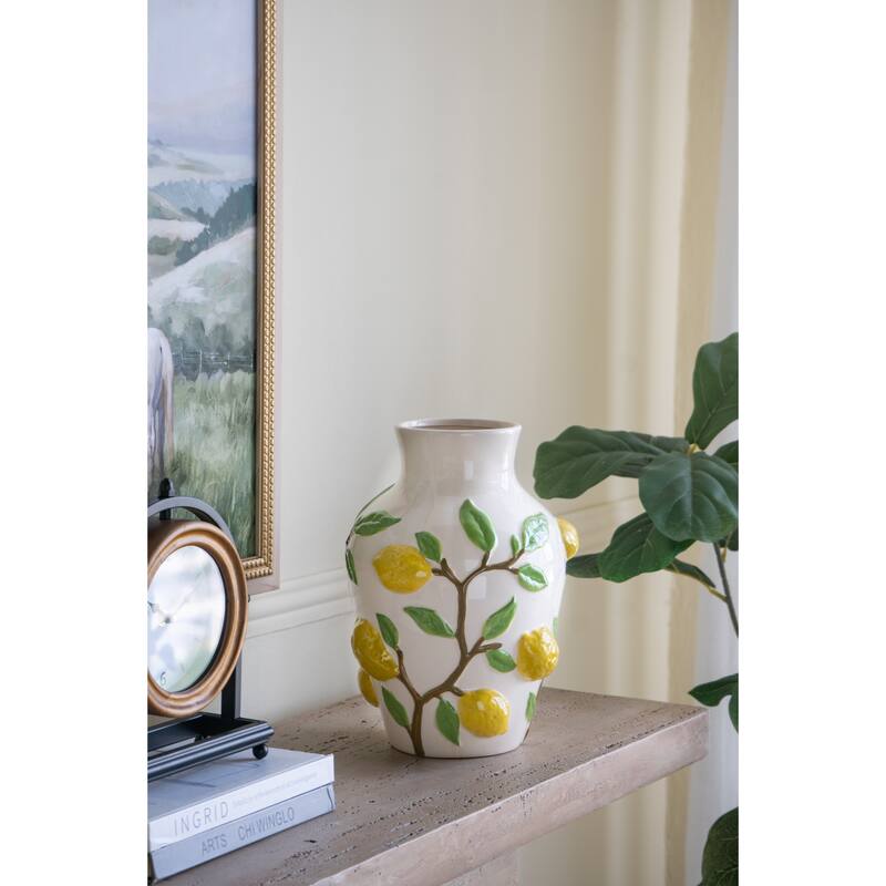 9x9x12.5" White Ceramic Vase with Vibrant Yellow Lemon Accents