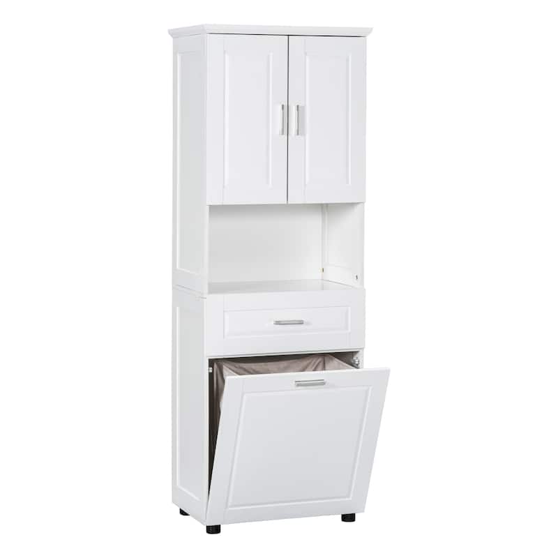 Tall Bathroom Cabinet with Tilt-Out Laundry Basket and Upper Storage Cabinet