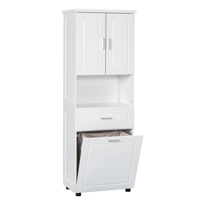 Waterproof Bathroom Cabinet with Tilt-Out Laundry Basket, Large Double Door Storage Cabinet with Adjustable Shelf and Drawer