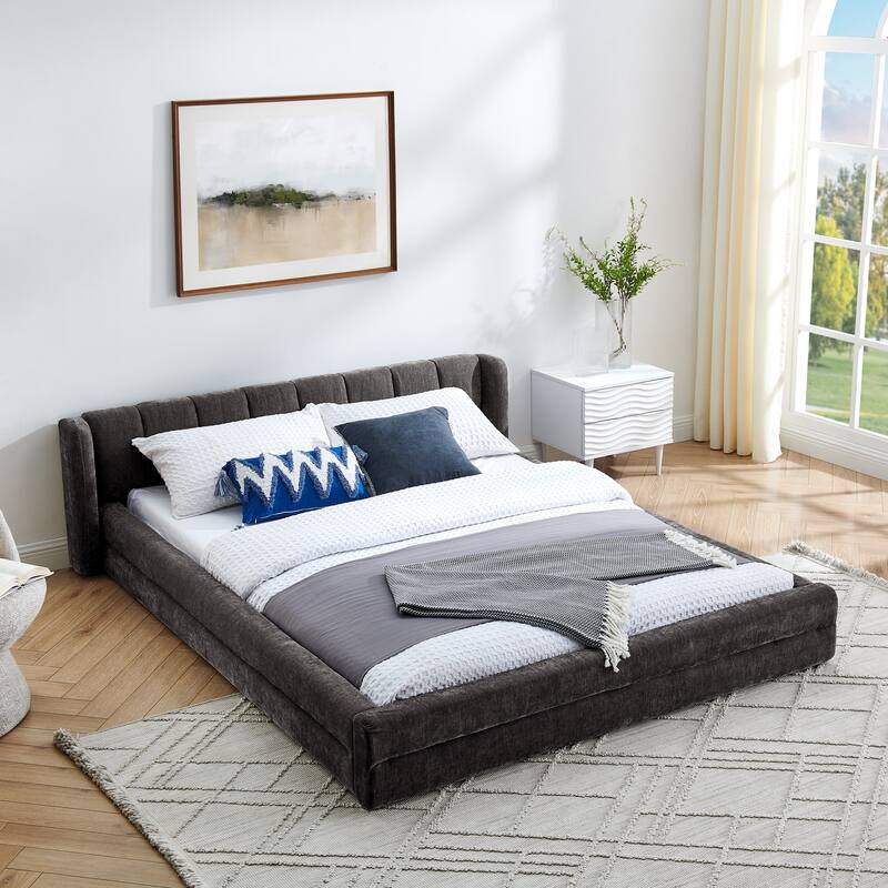 Chenille Fabric Grounded Bed, Thick Fabric Upholstered Bedframe Queen Size Low Wingback Bed with Solid Wood Slat Support Frame - Dark Grey - Queen