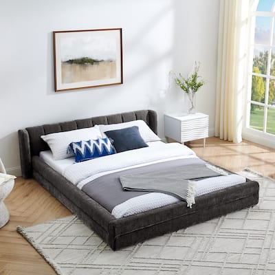 Queen Size Upholstered Bed Frame, Chenille Fabric Grounded Queen Size Platform Bed with Headboard and Solid Frame