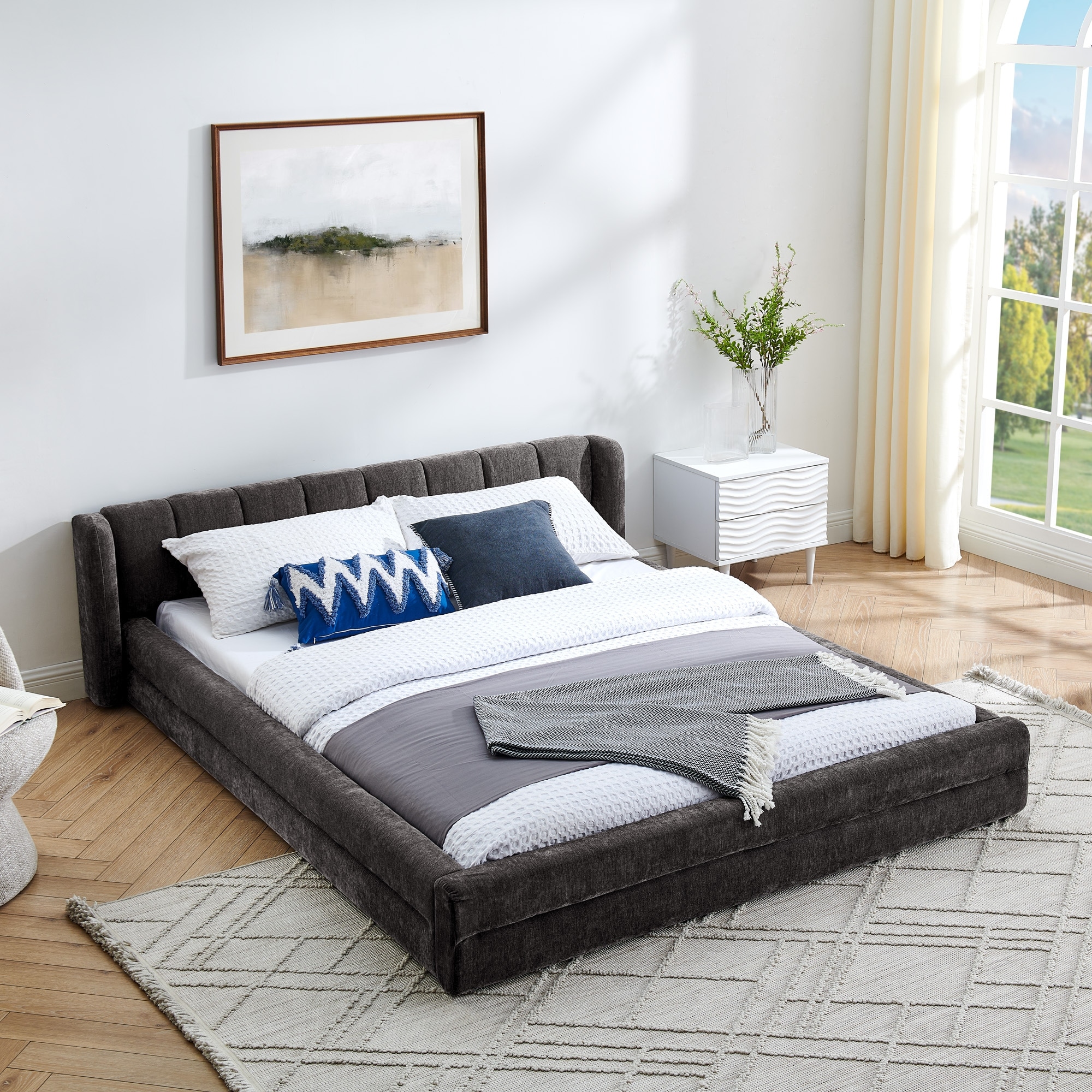 Queen Size Upholstered Bed Frame, Chenille Fabric Grounded Queen Size Platform Bed with Headboard and Solid Frame