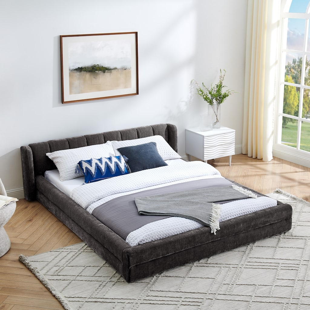 Queen Size Upholstered Platform Bed with Headboard in Dark Grey, Modern Design, Chenille Fabric, Easy Assembly