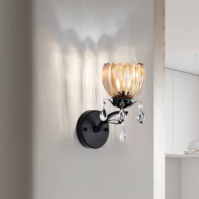 Aubrie Black Finish Wall Sconce with Crystal Flower Shade and Teardrop Pendants
