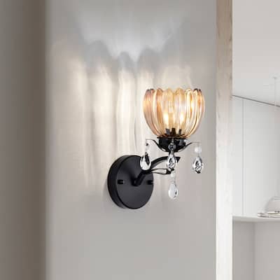 Aubrie Black Finish Wall Sconce with Crystal Flower Shade and Teardrop Pendants