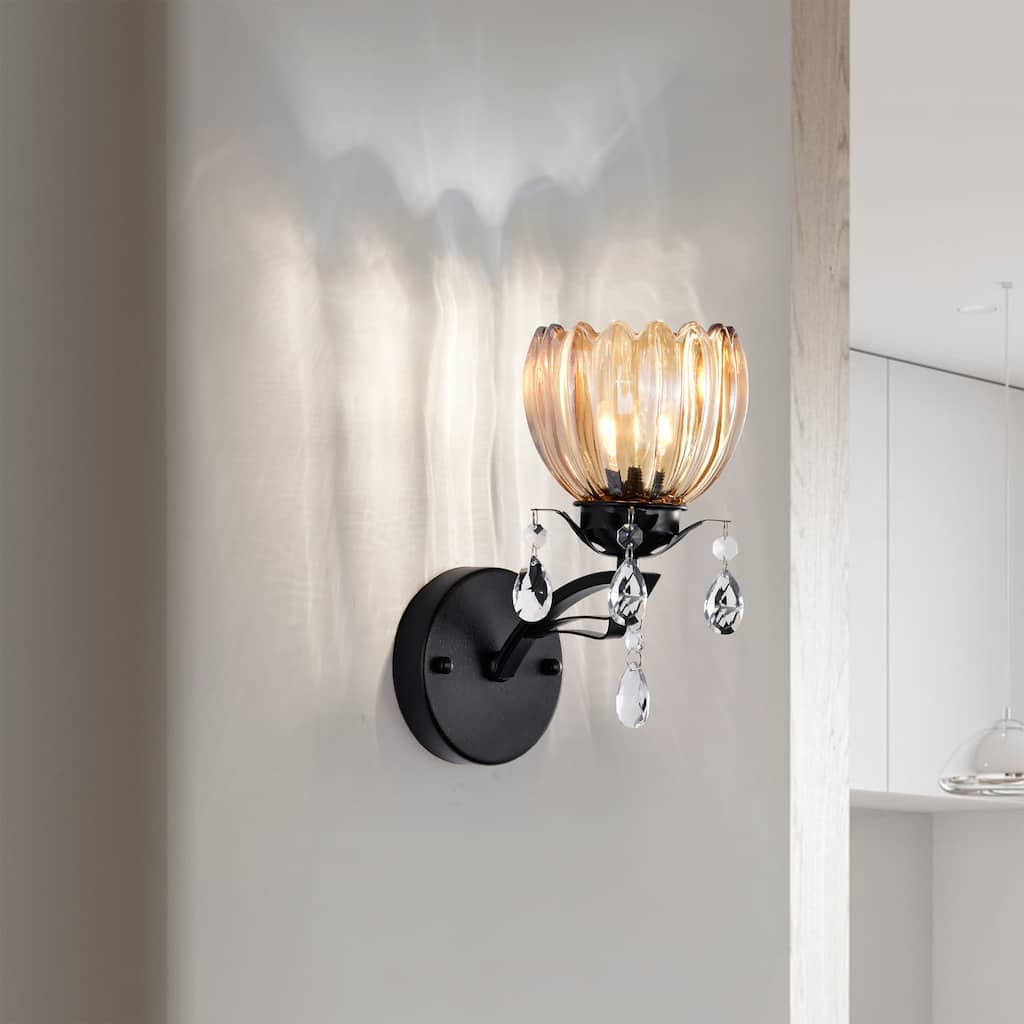 Aubrie Black Finish Wall Sconce with Crystal Flower Shade and Teardrop Pendants