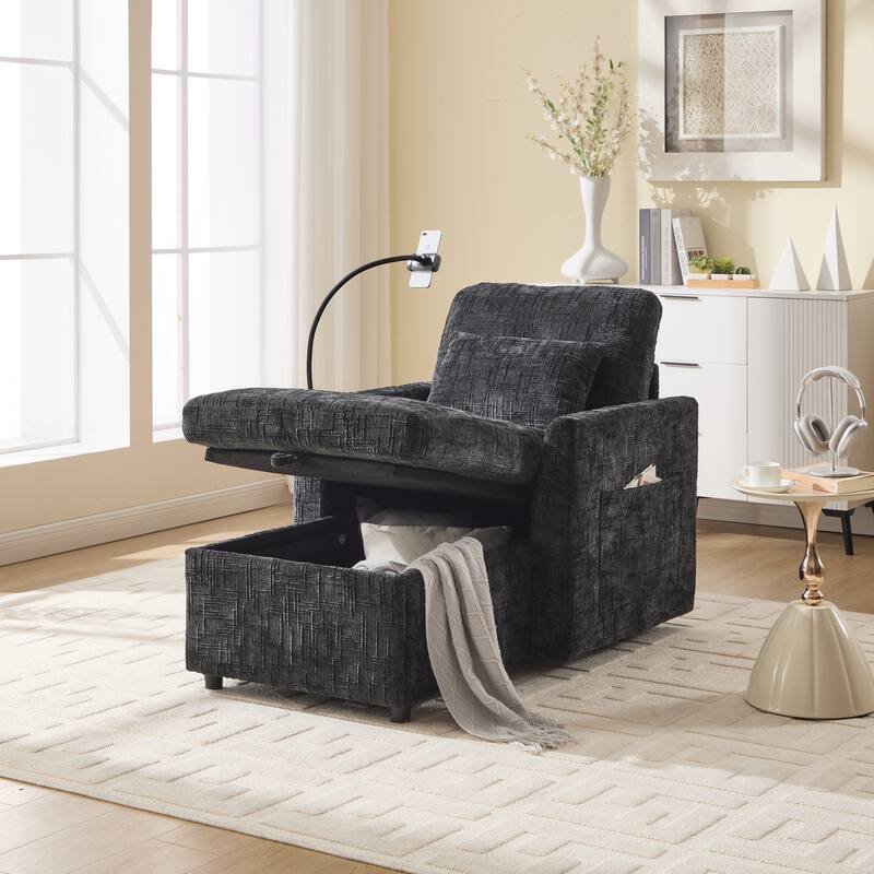 Multifunctional Lazy Person Sofa Recliner,Storage Backrest With Cell Phone Bracket Chenille Single Leisure Chair