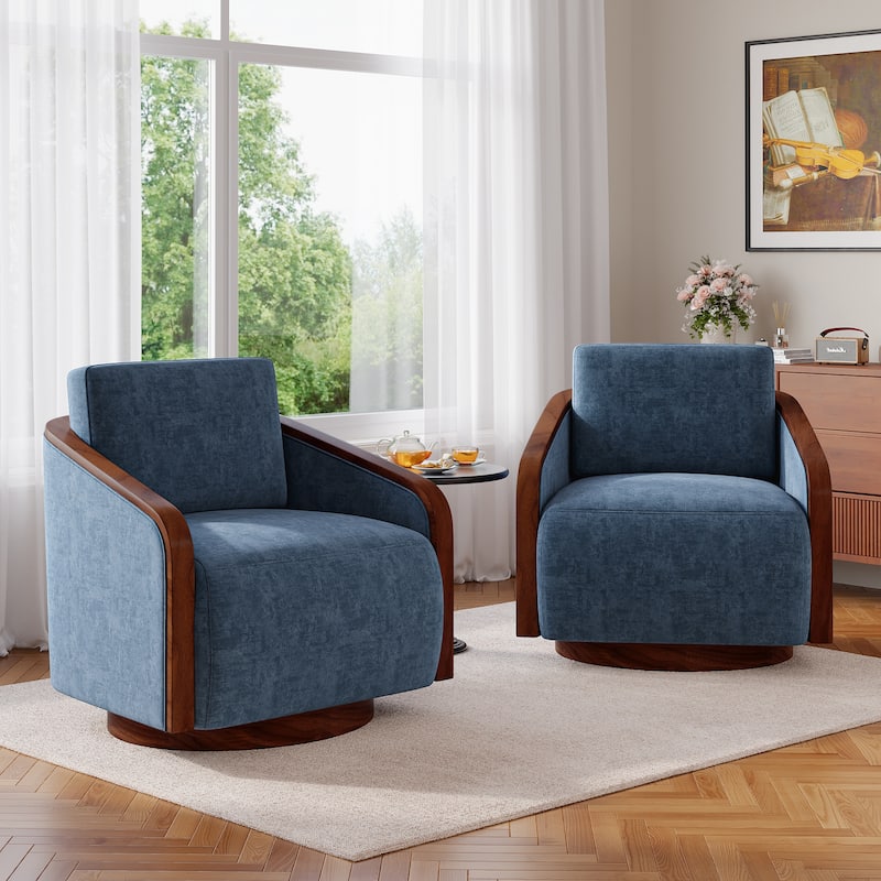 Set of 2 Modern 360° Swivel Accent Barrel Chairs with Wood Arms - Navy