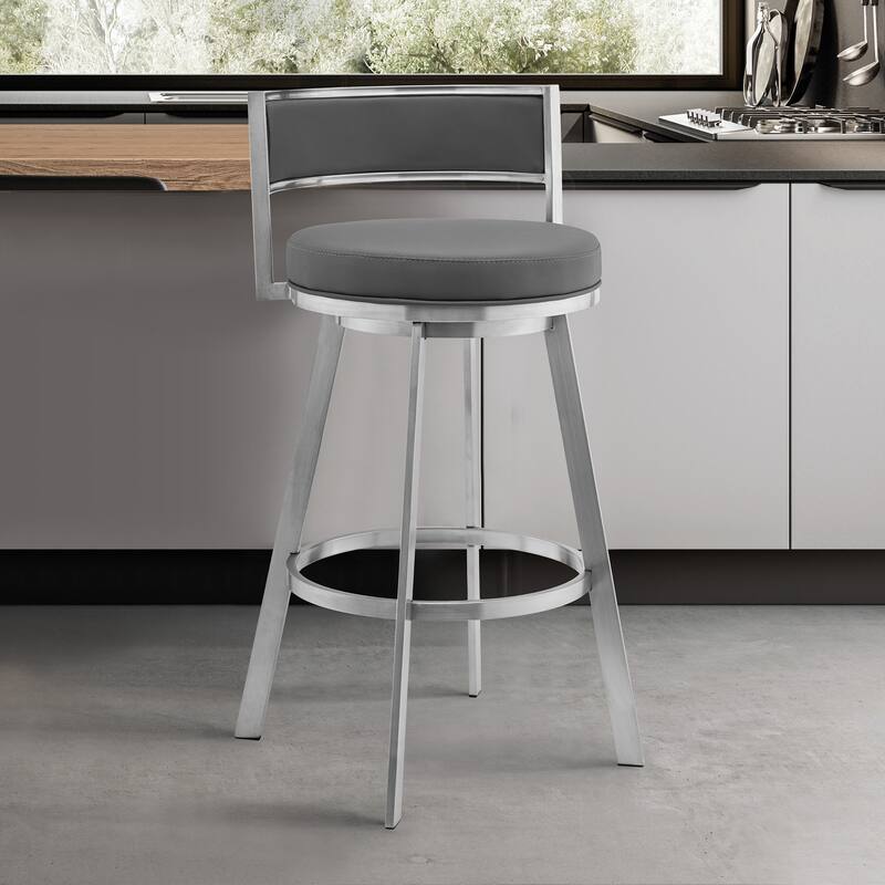 Roman Grey Faux Leather and Metal Swivel 26" Counter Stool