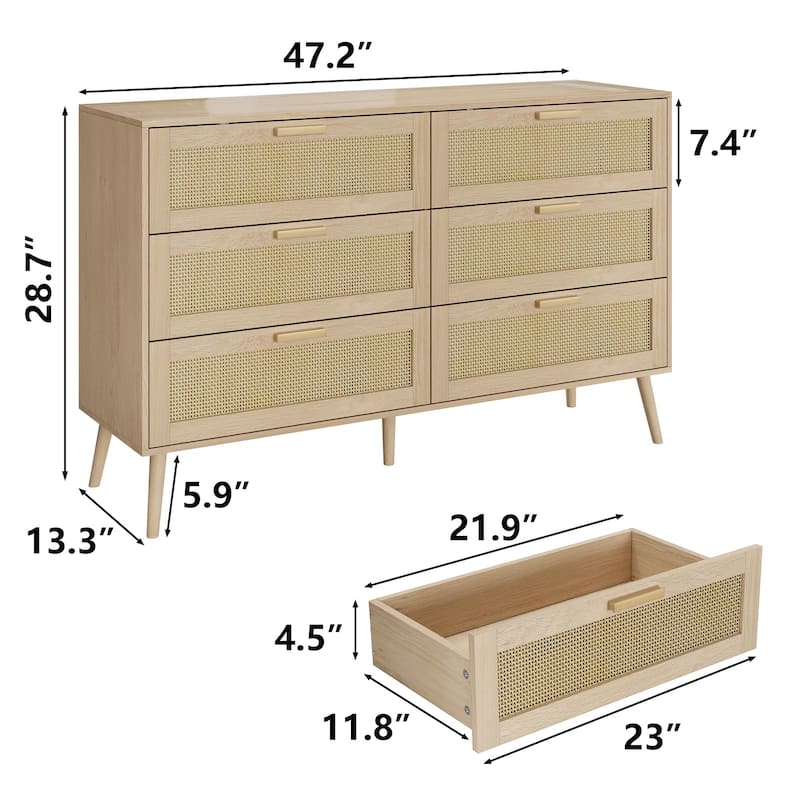 Rattan 6 Drawers Chest of Dressers for Bedroom, Wide Chest of Drawers, Rattan Dresser Storage Cabinet for Living Room, Bedroom
