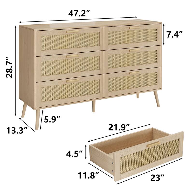 Rattan 6 Drawers Chest of Dressers for Bedroom 6 Drawer Dresser, Wide Chest with Handles for Living Room, Bedroom, Hallway