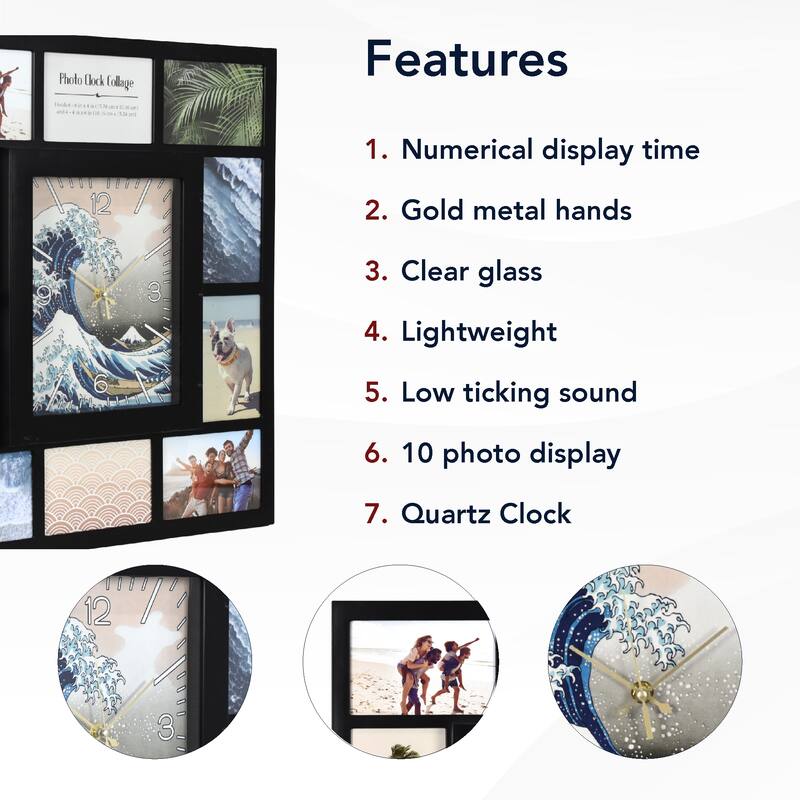 American Art Decor Picture Frame Collage Wall Clock 12 Photo Display Slots