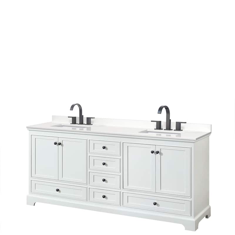 Deborah 80-inch Double Vanity, Quartz Top - White, Black Trim, White Quartz Top