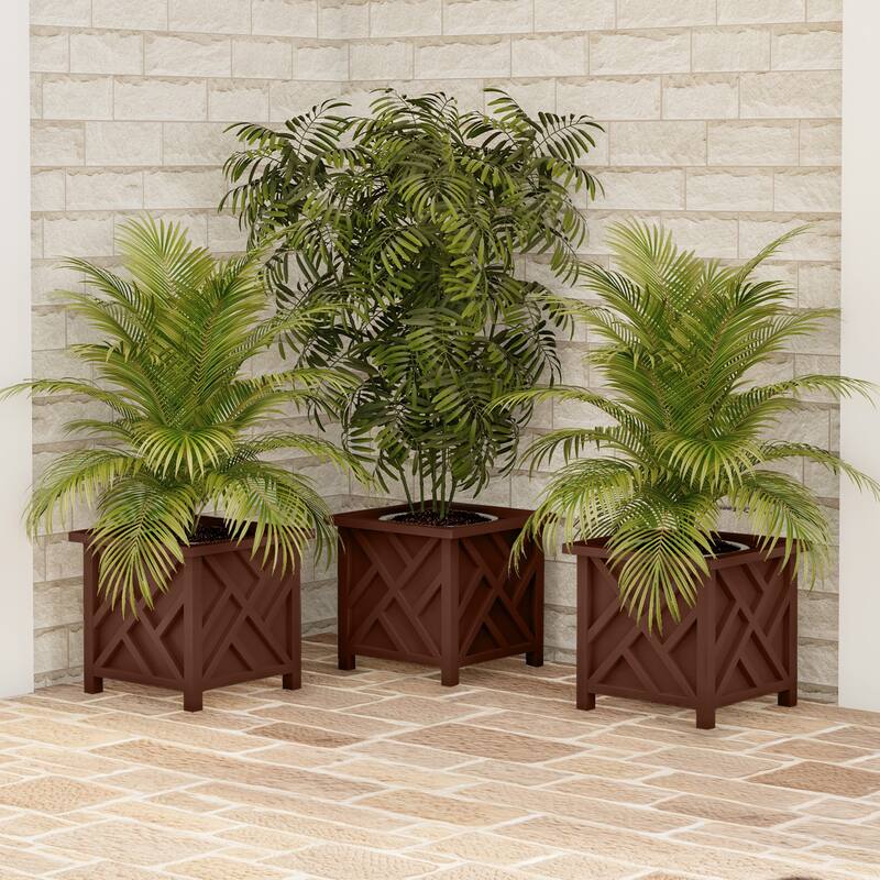 Lattice Design Planter Box - 14.75-Inch-Square Decorative Outdoor Flower or Plant Pot by Pure Garden (Brown)