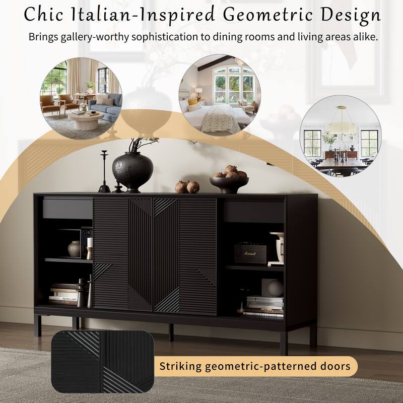 Geometric Accent Cabinet,Vertical Striped Design with Sliding Doors,High-Quality Wood Top and Ample Storage with Two Drawers