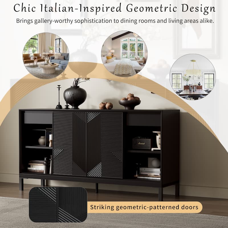 Modern Wood Geometric Accent Cabinet, 60" Vertical Striped Entryway Console Table with 4 Sliding Doors and 2 Drawers