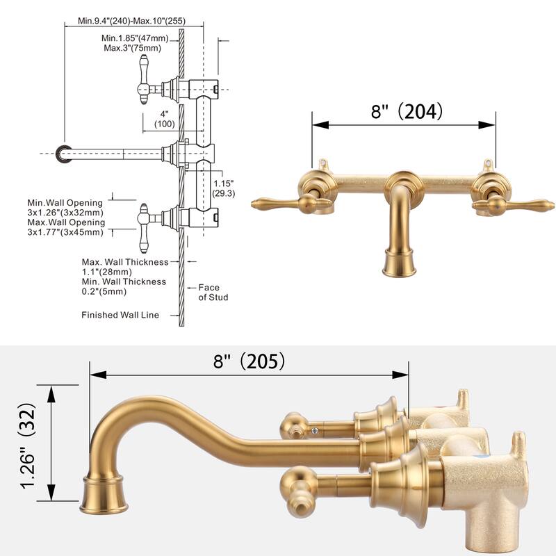 WOWOW 2 Handle Wall Mounted Antique Bathroom Sink Faucet