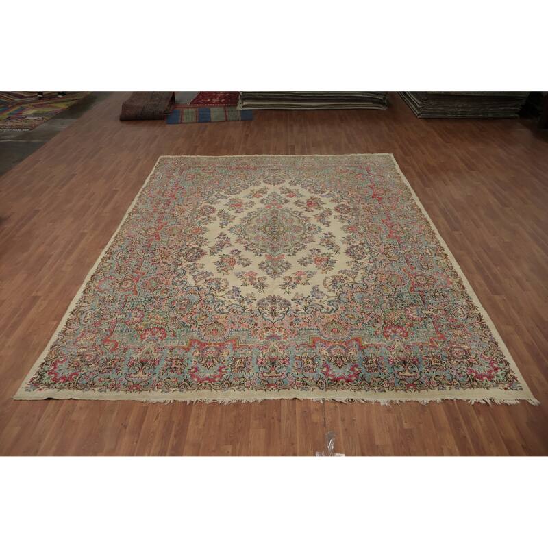 Hand Knotted Oriental 100% Wool Carpet Traditional Floral Beige & Ivories Kerman Area Rug - 13' 3'' X 9' 11''