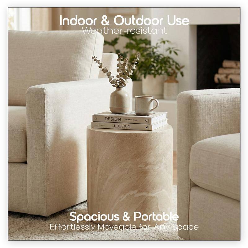 Vintara Modern Cylindrical Round Fiberstone Side Table with Brushed Finish for Living Rooms, Bedrooms, Patios, Balconies