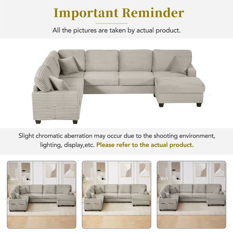 Roomfitters 125 Inch U-Shaped Sectional Sofa with Movable Ottoman, Corduroy Fabric, Side Pockets, Light Taupe