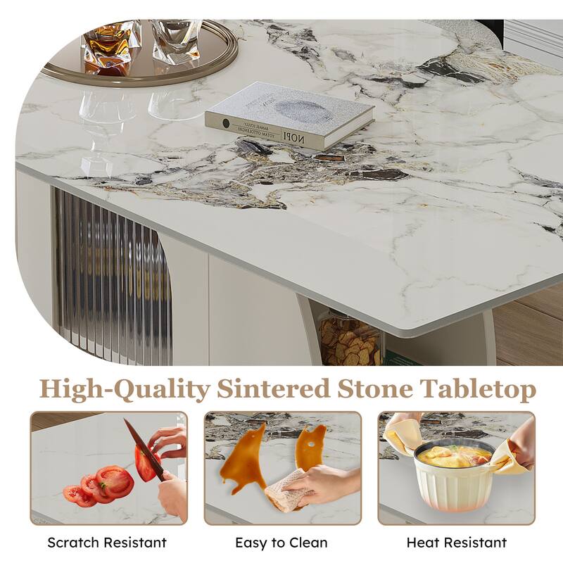 Dining Table for 4-6 People, Kitchen Table with Storage Shelf & Acrylic Door Cabinet, Home Office Table with Marble Top