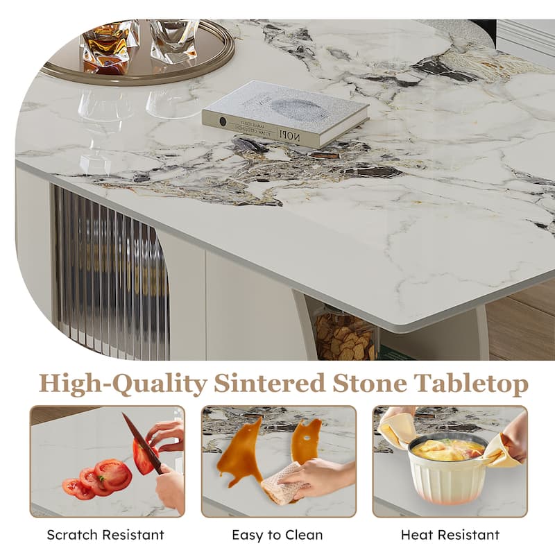 Modern Minimalist Dining Table, 63" Sintered Stone with Storage for Family Kitchens