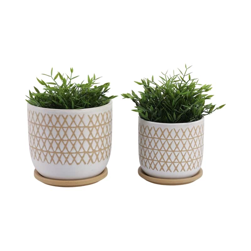 Decorative Round Ceramic Planter with Saucer - Set of 2