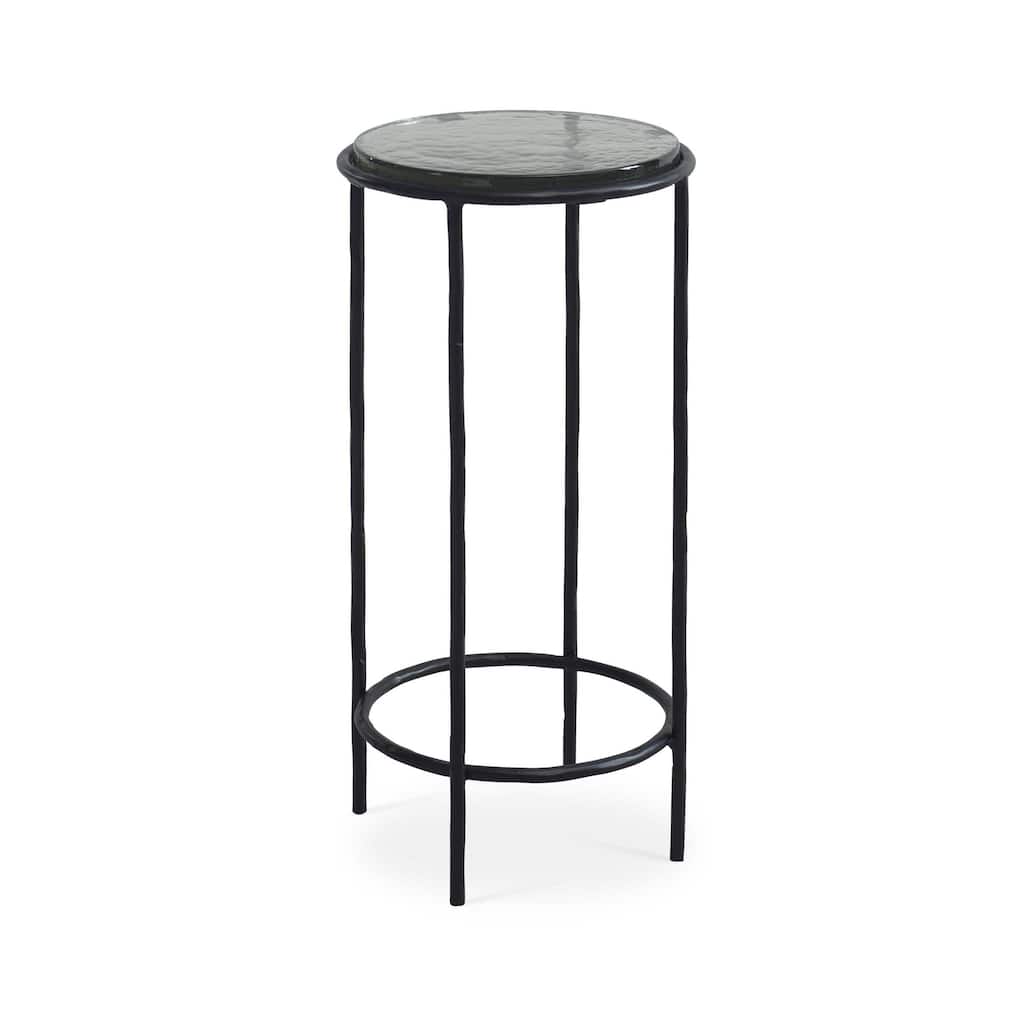 Hex Accent Table, 12 Inch Round Recycled Glass Top, Black Iron Frame