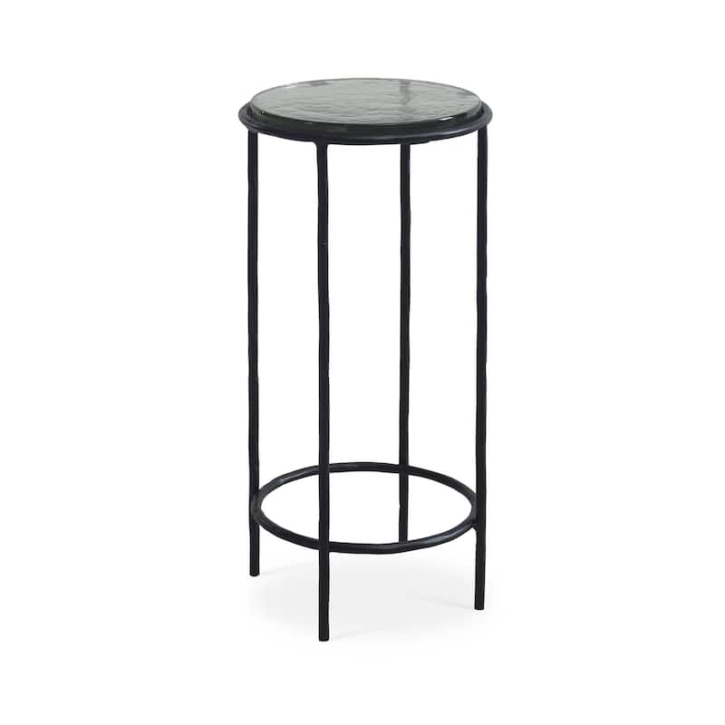 Hex Accent Table, 12 Inch Round Recycled Glass Top, Black Iron Frame