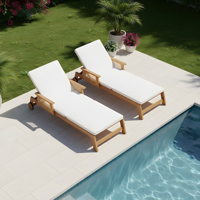 Christopher Knight Home - Soel Outdoor Acacia Wood Wicker 3-Position Adjustable Chaise Lounge with Wheels & Removable Cushion - Set of 2+Brown