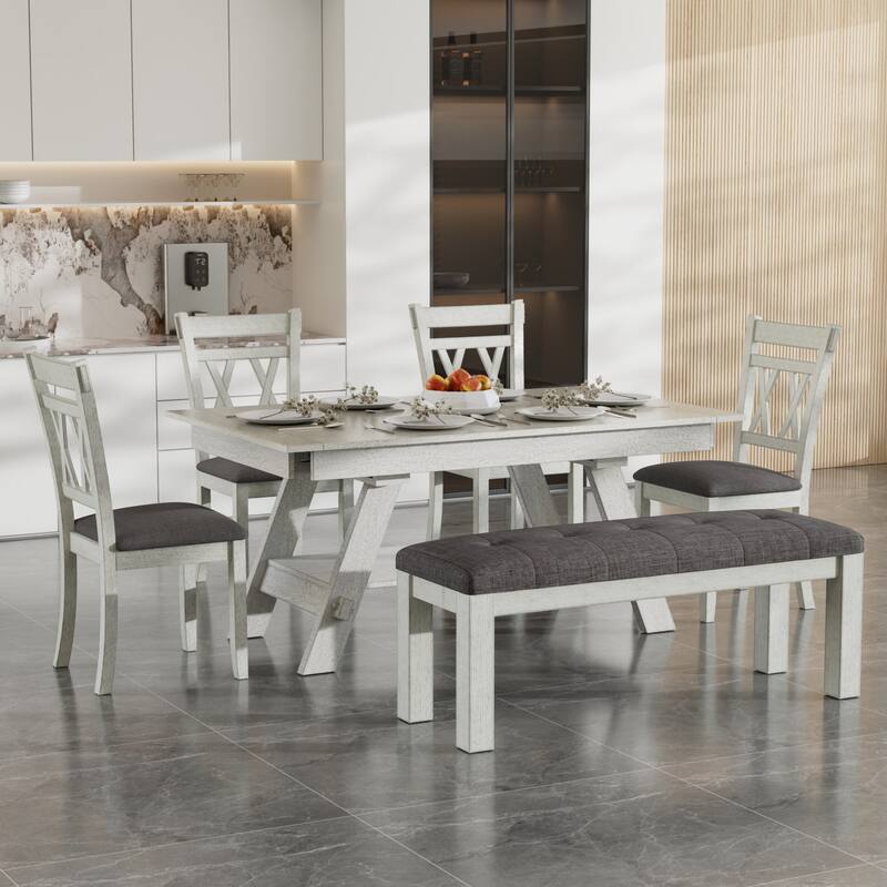Javlergo Dining Table Set with Bench, Solid Wood Rectangular Extendable Dining Table and Chairs Set for 6-8