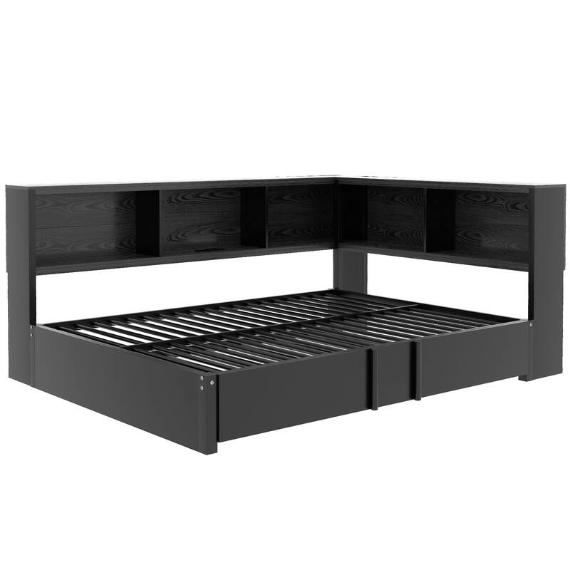 Full Size Metal Daybed with Trundle, Storage Cabinets, and USB Ports in Black