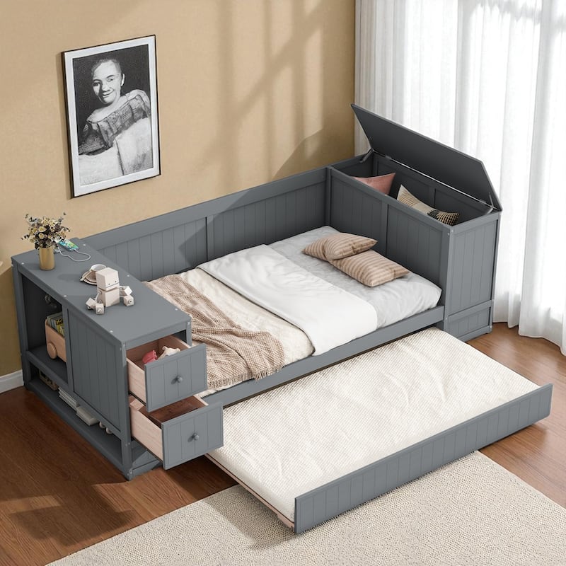 Twin Size Daybed with Storage Arms, Trundle and Charging Station, Solid Wood Frame with Drawers and USB Ports