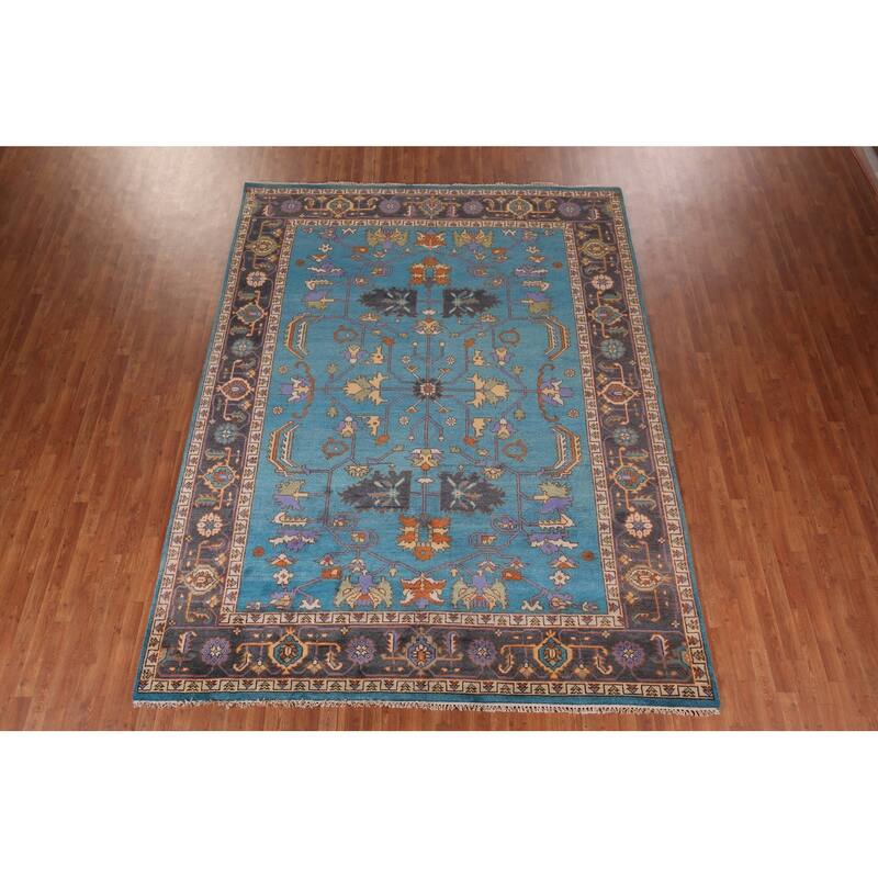 Blue Oushak Oriental Area Rug Handmade Wool Carpet - 8'11" X 11'8"