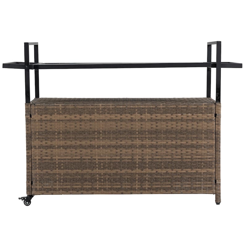 Outdoor Patio Wicker Bar Cart with Storage Cabinet and Glass Top, Rolling Rattan Beverage Bar Table w/360掳 Wheels & Open Shelve