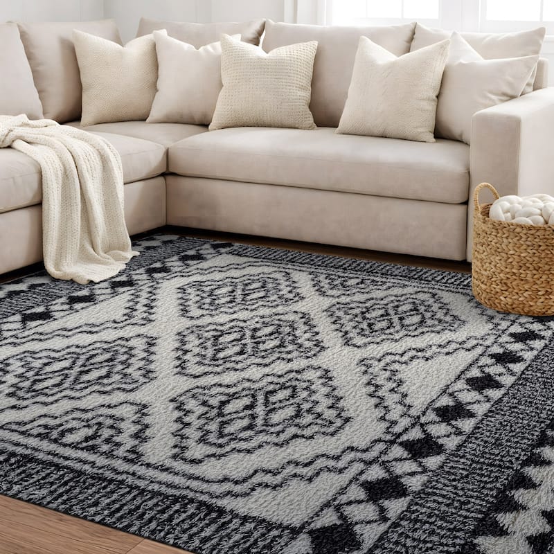 Geometric Shag Rug - Anthracite Dark Gray - Durable Rug for Living Room, Bedroom, or Entryway - Easy to Maintain
