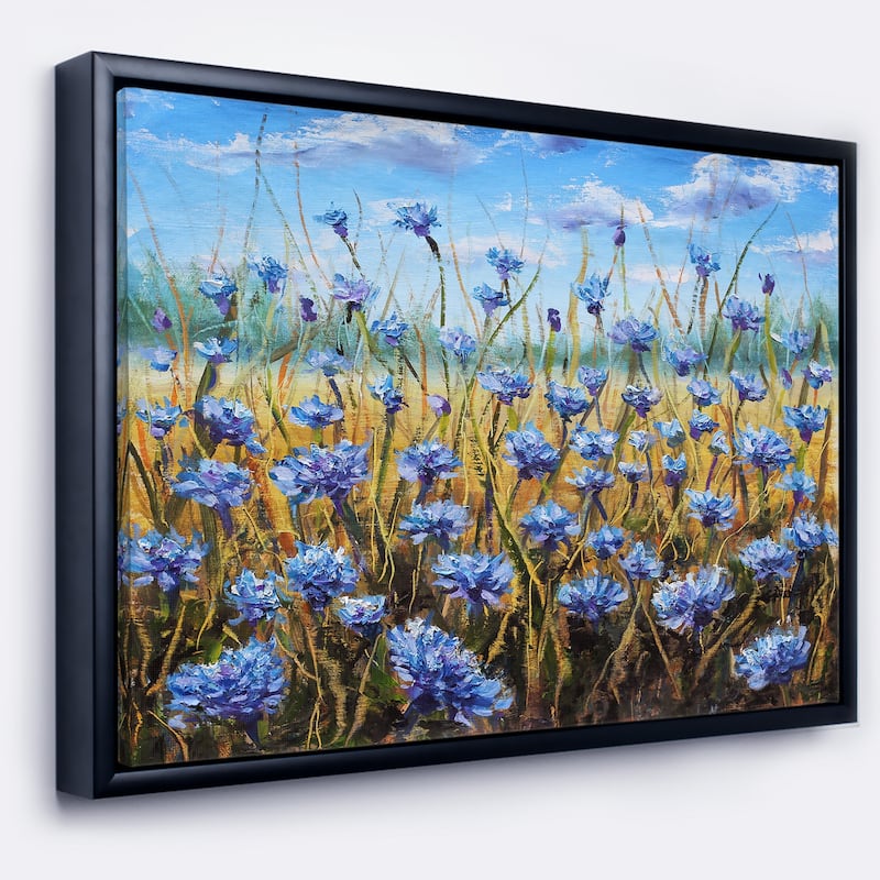 Designart "Blue Flowers in Meadow " Floral Framed Canvas - 20 in. wide x 12 in. high - Black