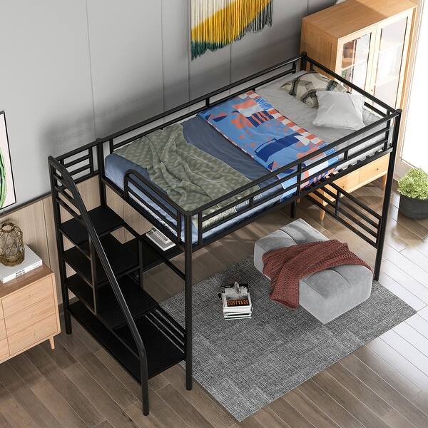 slide 2 of 9, Twin Size Loft Bed with Metal Frame, Desk, and Shelving Black