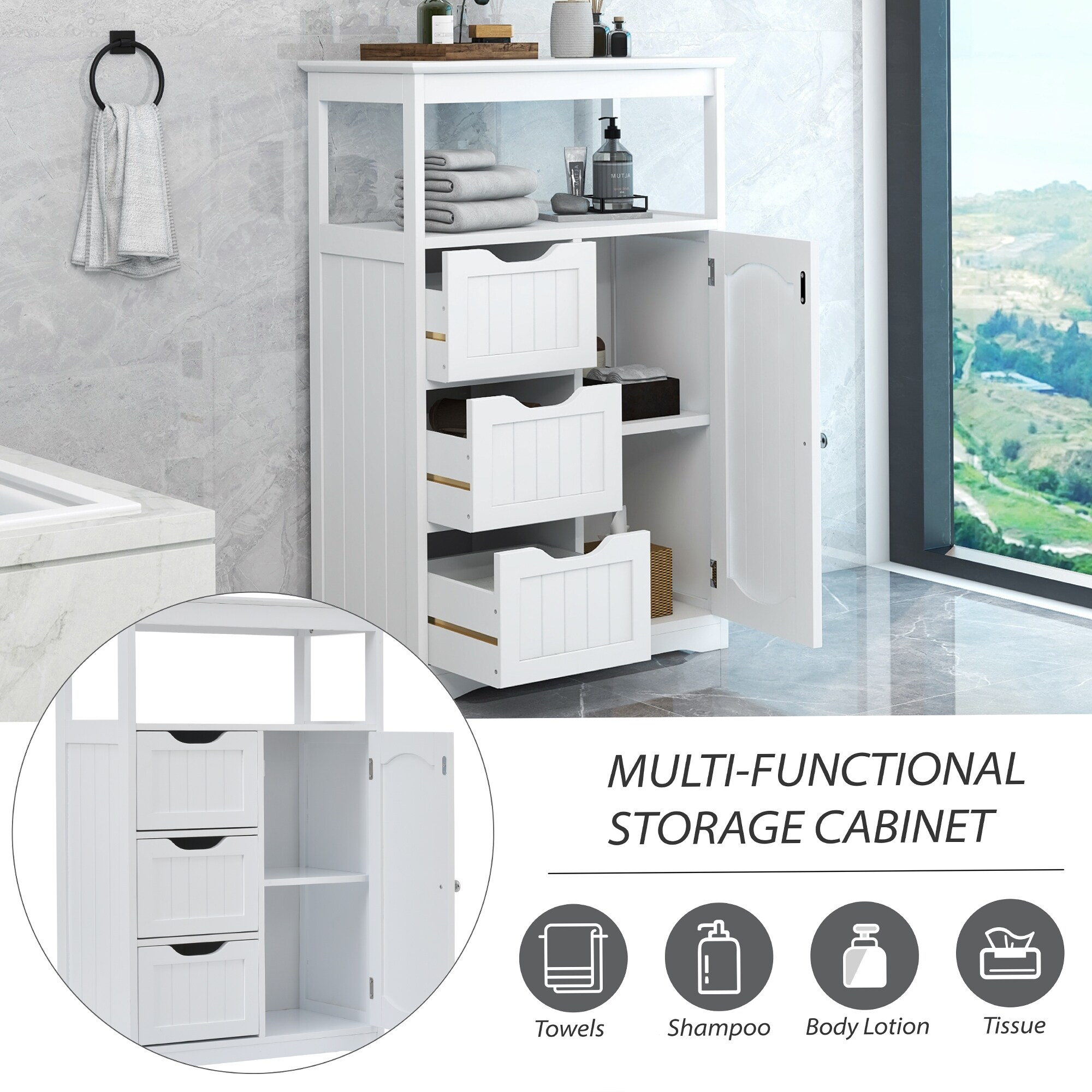 thumbnail image 2 of Segawe Bathroom Floor Cabinet – Standing Storage Organizer With Shelves – Multiple Sizes – White 2 of 3