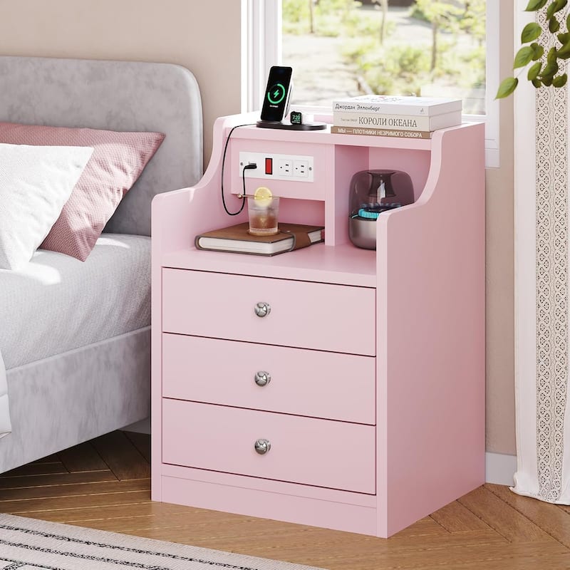 Small Nightstand 3 Drawers Charging Station End Side Table - Pink