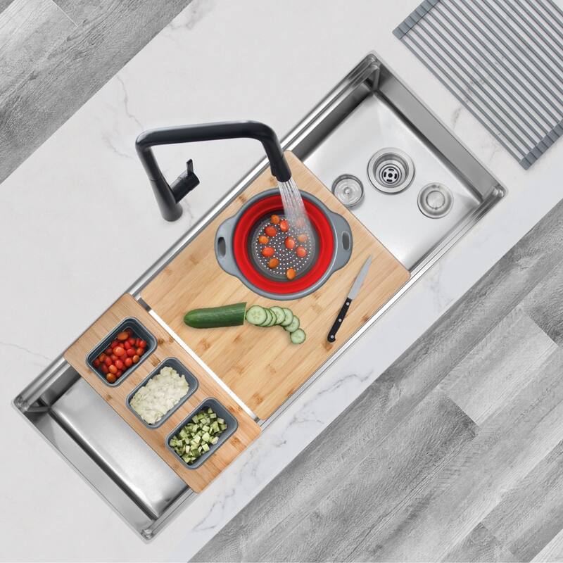 STYLISH 45 inches Ledge Workstation Single Bowl Undermount 16 Gauge Stainless Steel Kitchen Sink with Built in Accessories